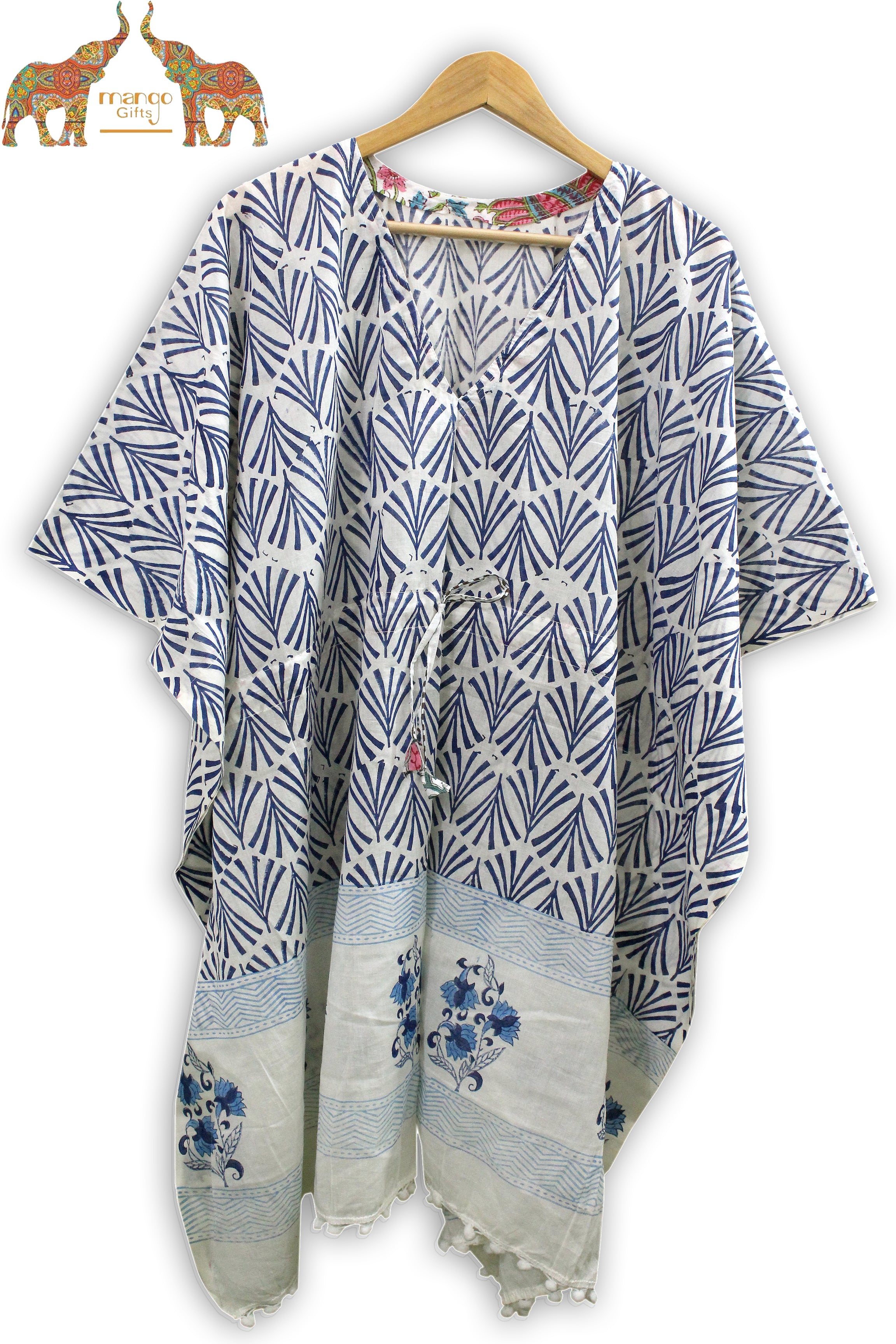Soft 100% cotton caftan with hand block print, perfect for beach wear and casual outings. Customizable and fits up to 60" bust.