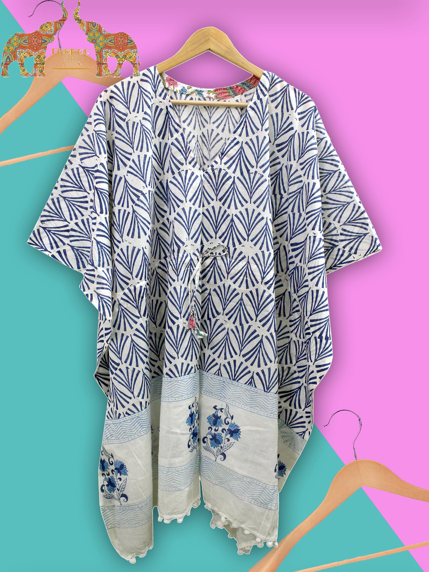 Soft 100% cotton caftan with hand block print, perfect for beach wear and casual outings. Customizable and fits up to 60" bust.