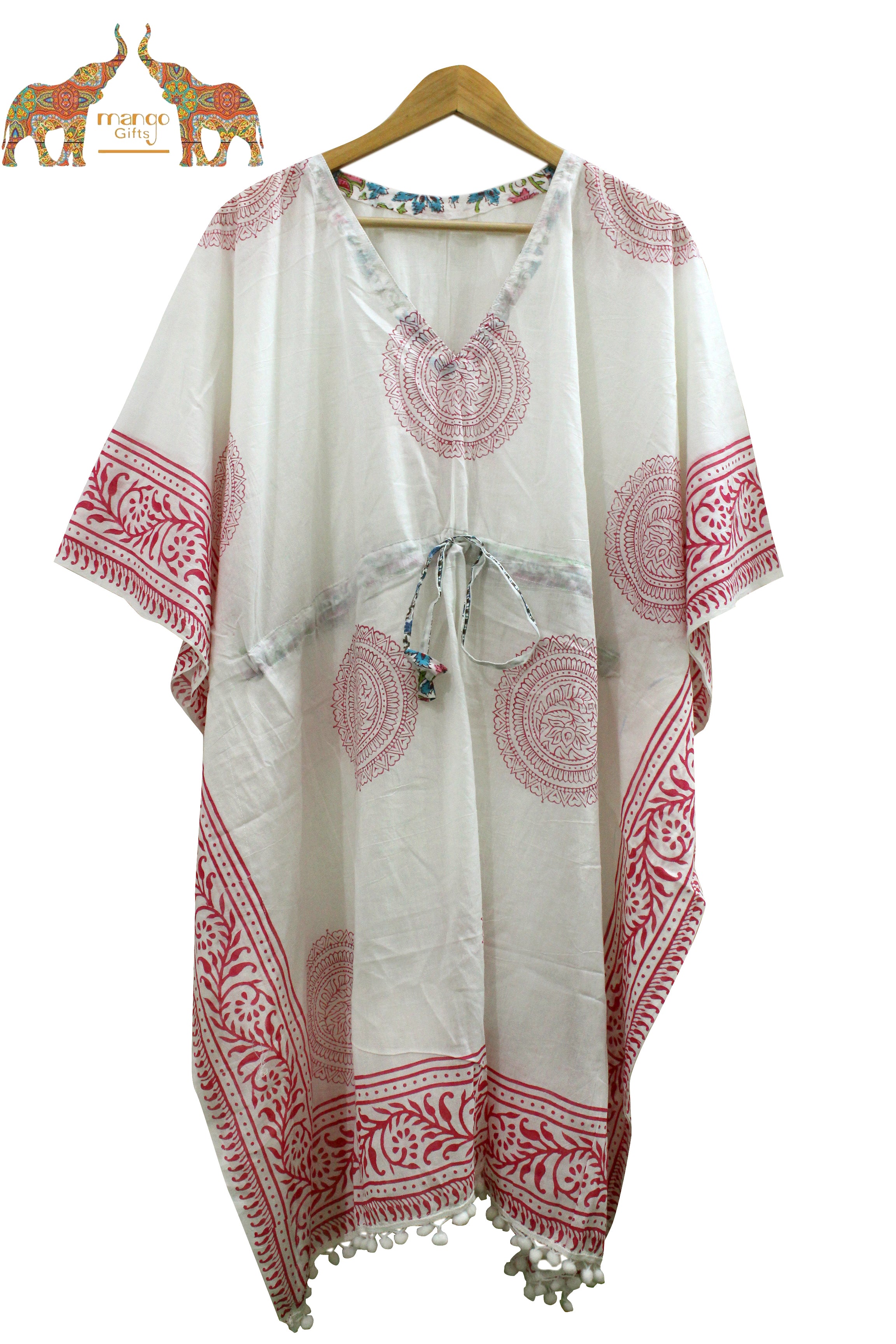 Soft 100% cotton caftan with hand block print, perfect for beach wear and casual outings. Customizable and fits up to 60" bust.