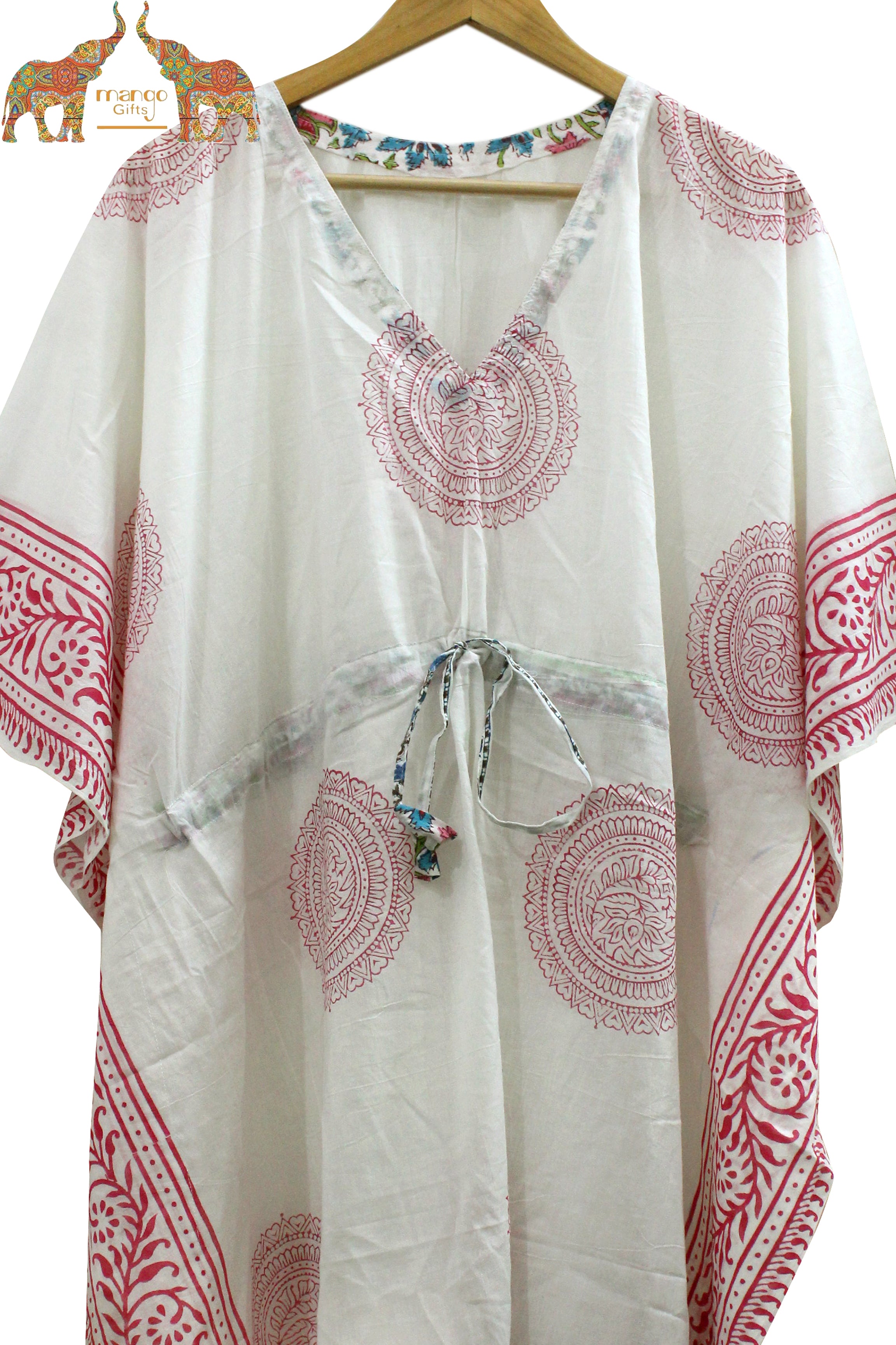 Soft 100% cotton caftan with hand block print, perfect for beach wear and casual outings. Customizable and fits up to 60" bust.