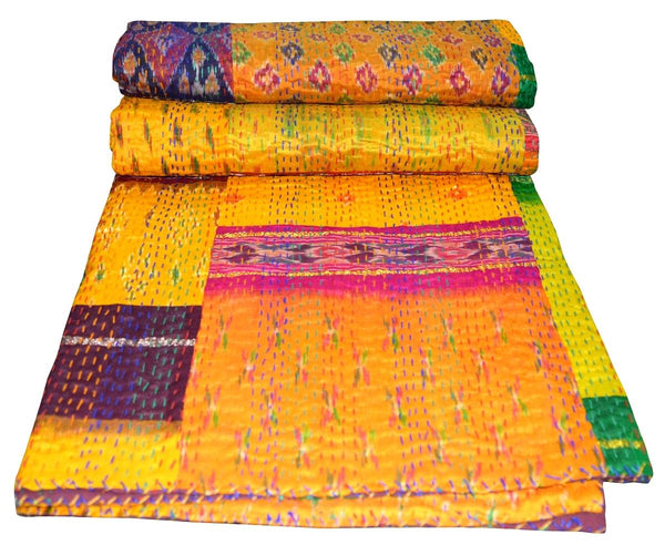 Traditional Indian Silk Sari Kantha Bedspread Bed Cover Rali Wholesale Lot 5 Pcs - Mangogiftsstore