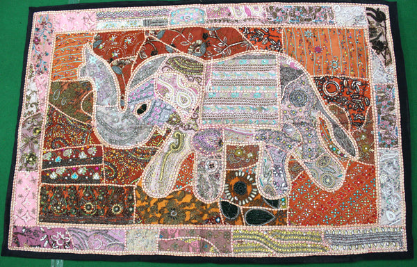 Indian Wall Hanging Embroidered Beautiful Elephant Tapestry Orange