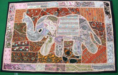 Indian Wall Hanging Embroidered Beautiful Elephant Tapestry Orange