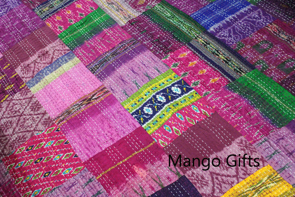 Indian Kantha Quilt Patchwork Silk Bedspread Size 60*90 Inches Wholesale Lot 3Pc - Mangogiftsstore