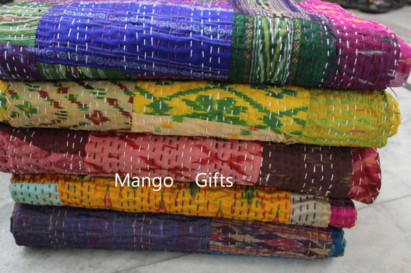 Indian Kantha Quilt Patchwork Silk Bedspread Size 60*90 Inches Wholesale Lot 3Pc - Mangogiftsstore