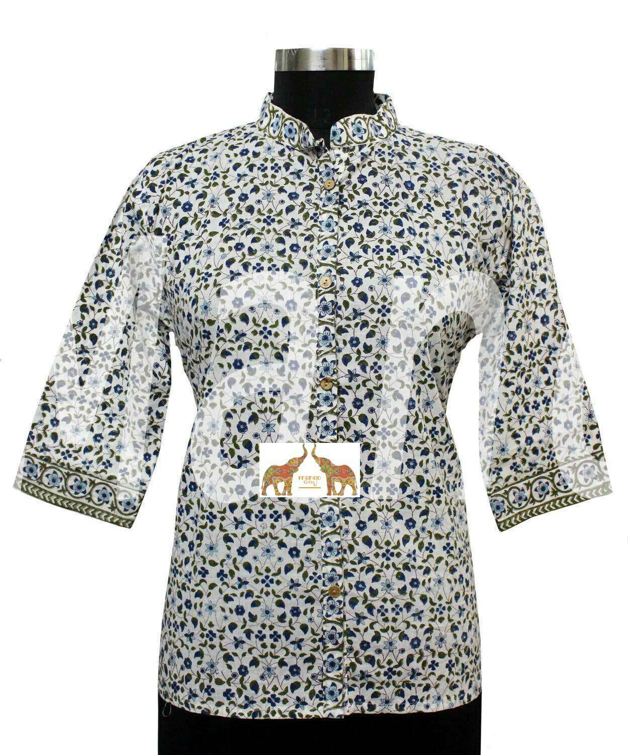 100% Cotton Indian Hand Block Printed Tunics Tops Shirt Indian Kurti Women Casual Wear Collar Shirts - Mangogiftsstore