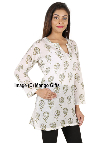 Indian 100%Cotton Hand Block Printed Tunics Tops Indian Kurti Women Summer Fashion Wear V-Neck Casual Tops - Mangogiftsstore