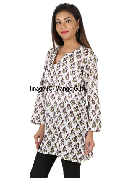 Indian 100%Cotton Hand Block Printed Tunics Tops Indian Kurti Women Summer Fashion Wear V-Neck Casual Tops - Mangogiftsstore