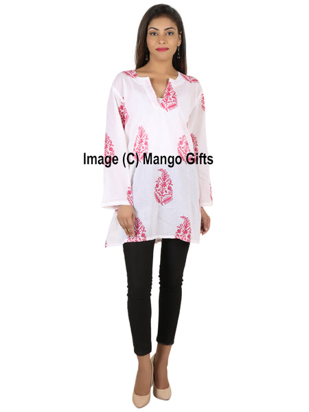 Indian 100%Cotton Hand Block Printed Tunics Tops Indian Kurti Women Summer Fashion Wear V-Neck Casual Tops - Mangogiftsstore