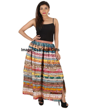 Indian Silk Sari Patchwork Boho Skirts Hippy Hippie Clothing Vintage Handmade Elastic Waist Long Skirt - Mangogiftsstore