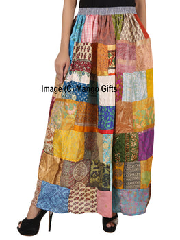 Indian Silk Sari Patchwork Boho Skirts Hippy Hippie Clothing Vintage Handmade Elastic Waist Long Skirt - Mangogiftsstore