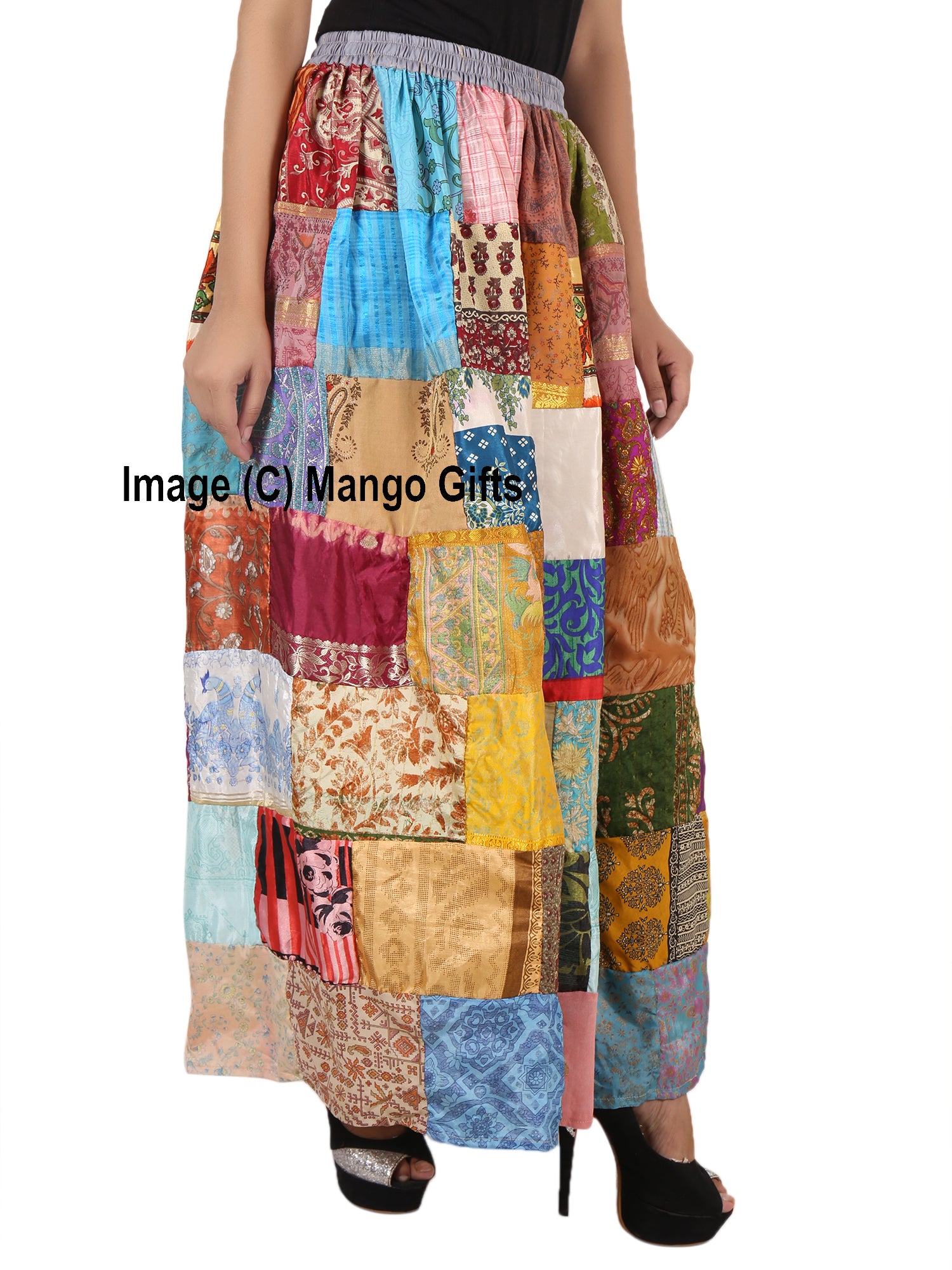 Indian Silk Sari Patchwork Boho Skirts Hippy Hippie Clothing Vintage Handmade Elastic Waist Long Skirt - Mangogiftsstore