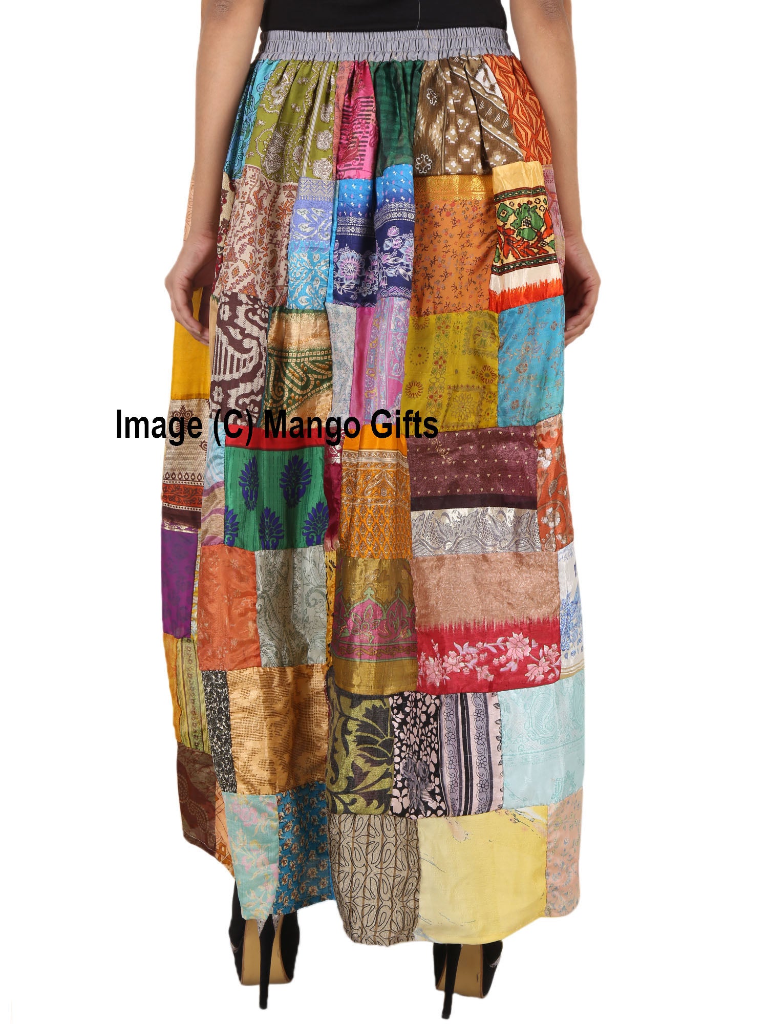 Indian Silk Sari Patchwork Boho Skirts Hippy Hippie Clothing Vintage Handmade Elastic Waist Long Skirt - Mangogiftsstore