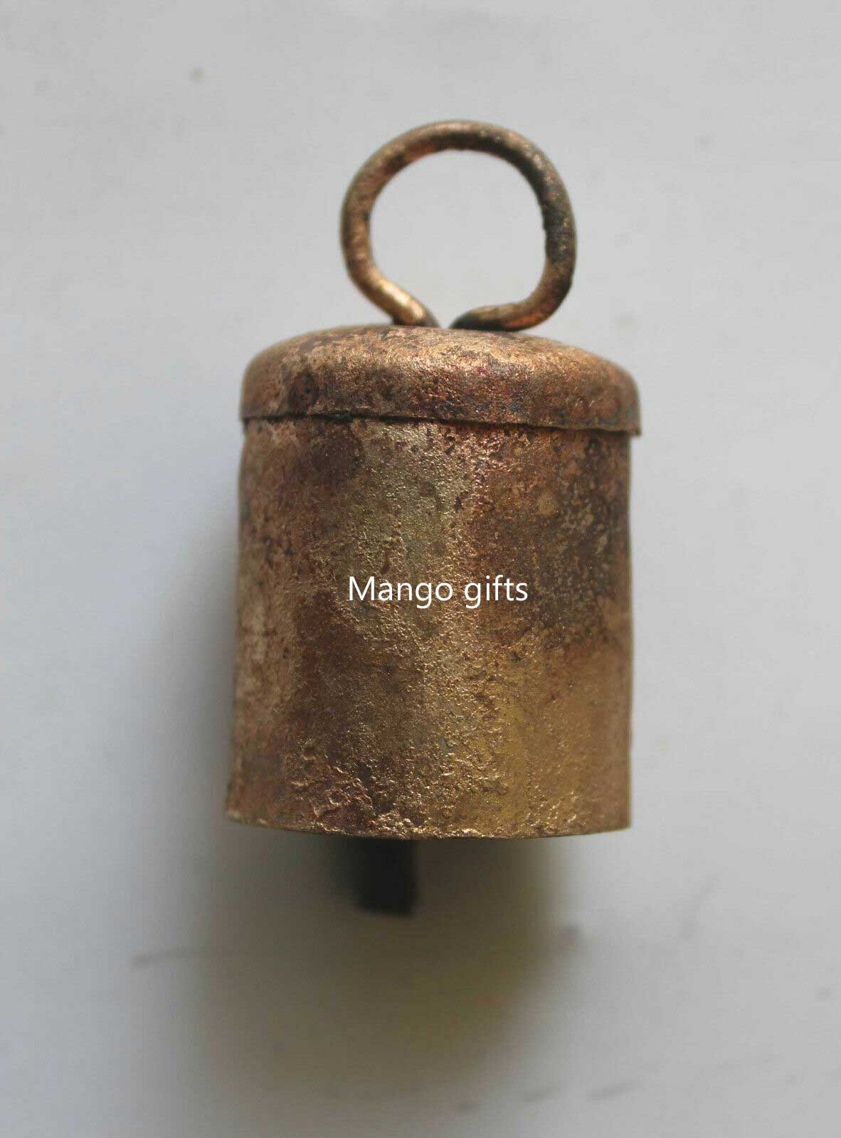 Handmade Indian iron cowbell, 2" height, rustic brass-covered finish, unique handmade variations.