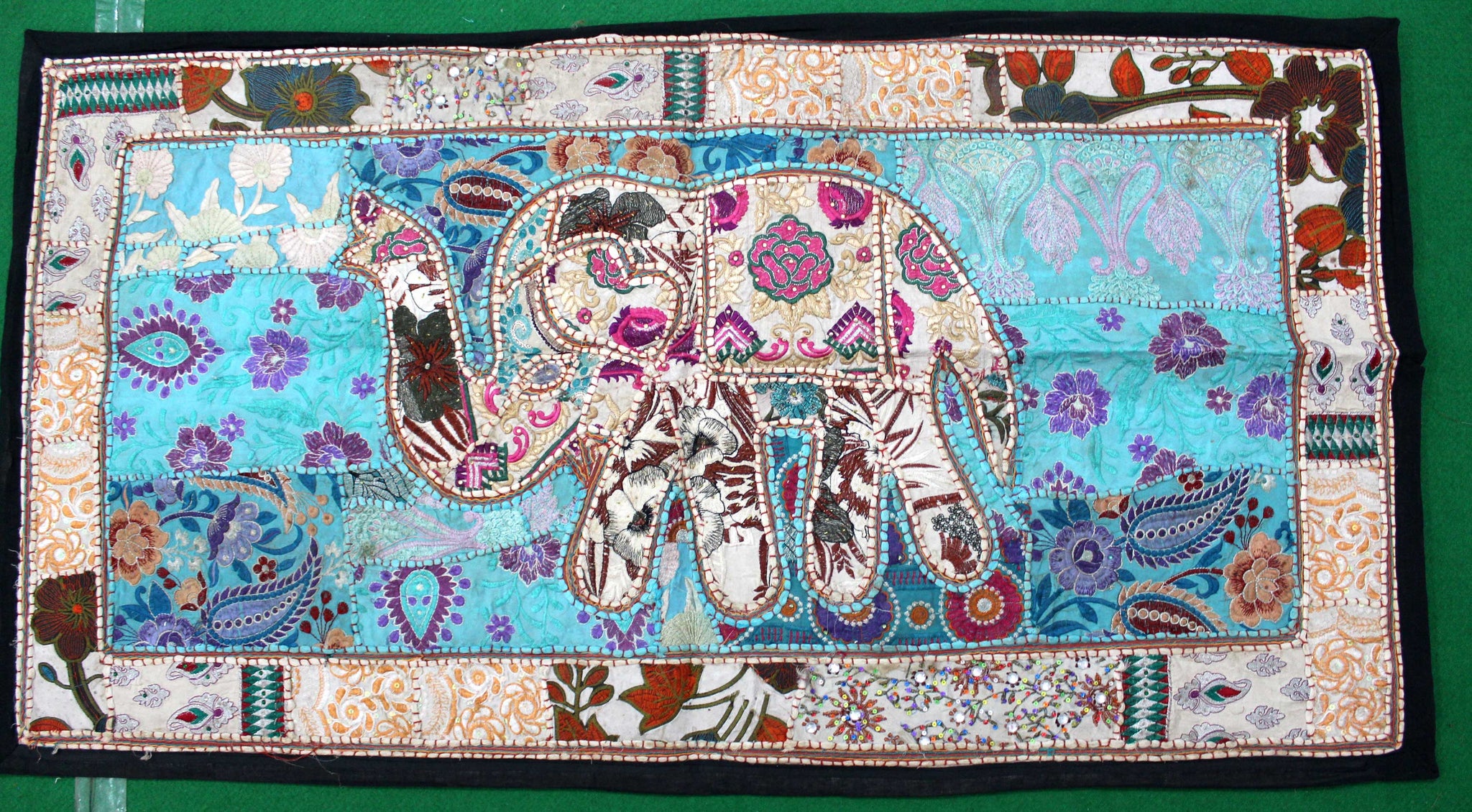 Indian Wall Hanging Embroidered Beautiful Elephant Tapestry Beige Blue 27 x 52 inches