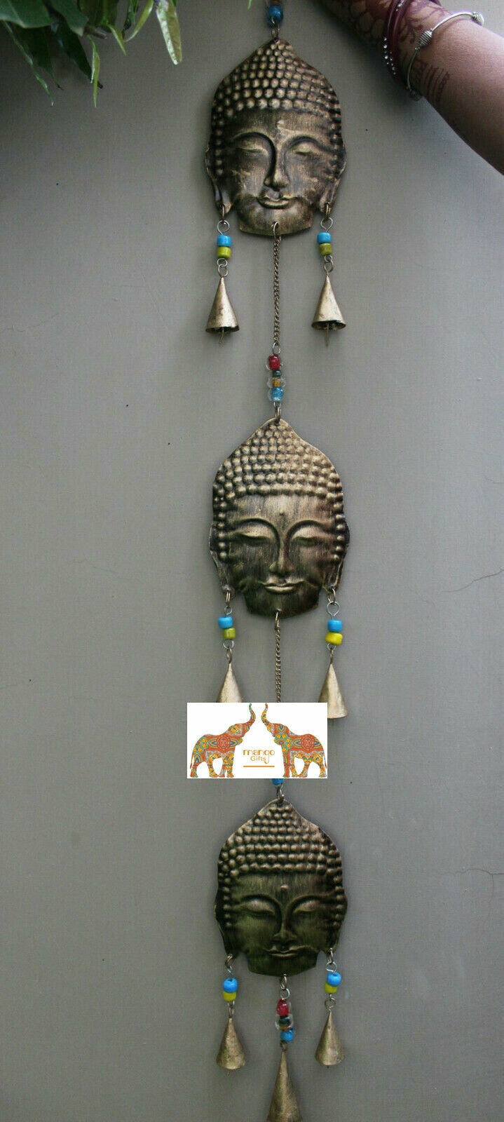 Handmade Recycled Iron Buddha Windchime Bells Wall Hanging Bronze Color Indian Metal Craft - Mangogiftsstore