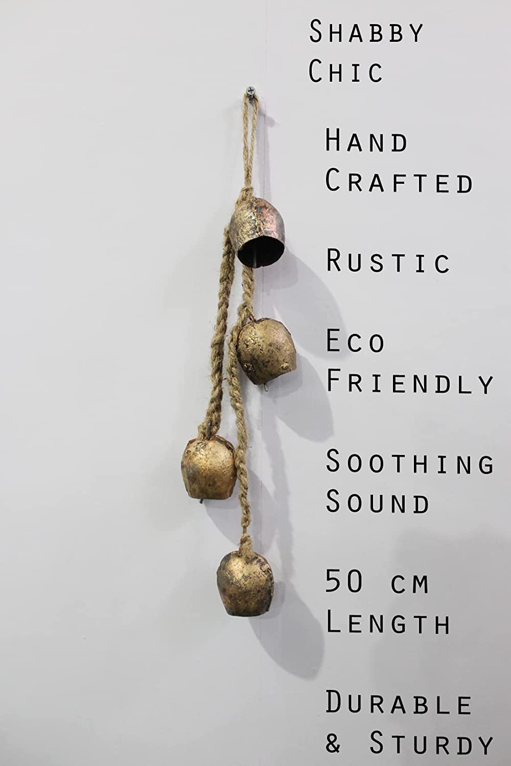 Transform your garden with these shabby chic wind chimes! Handmade tin bells on jute rope, perfect for wholesale décor lovers.