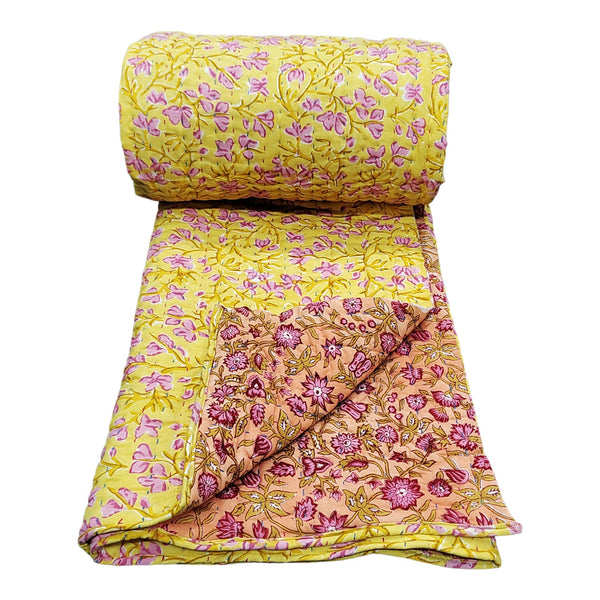 Reversible Katha Cotton Quilt 60 x 90 Inches Floral Hand Quilted Jaipur Razai Premium Quality