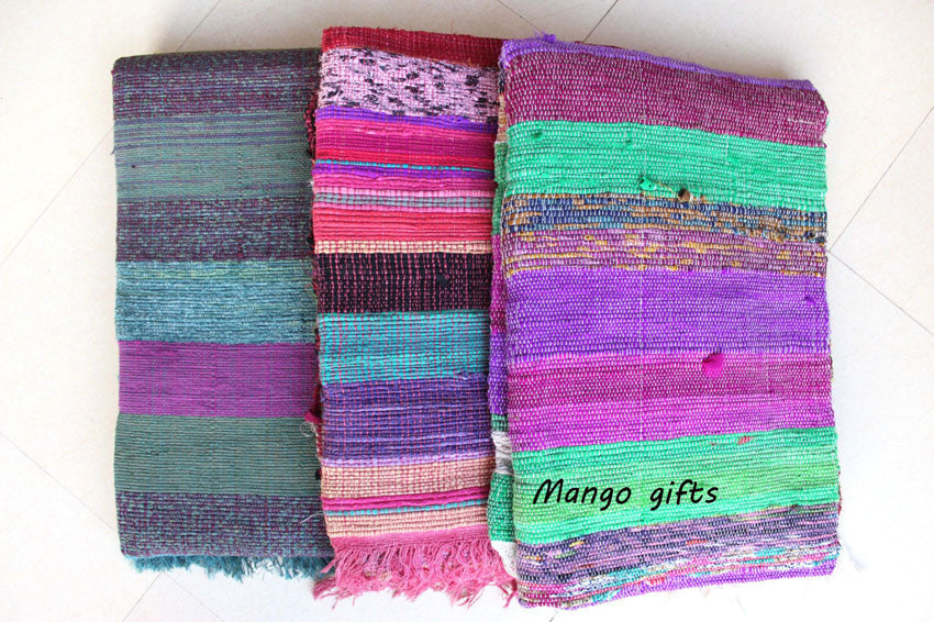 100% Recycled Fabric Rag Rug Chindi Durrie Area Rugs Hand Loomed Striped Floor Mat - Mangogiftsstore