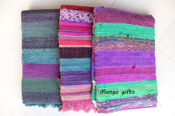 100% Recycled Fabric Rag Rug Chindi Durrie Area Rugs Hand Loomed Striped Floor Mat - Mangogiftsstore