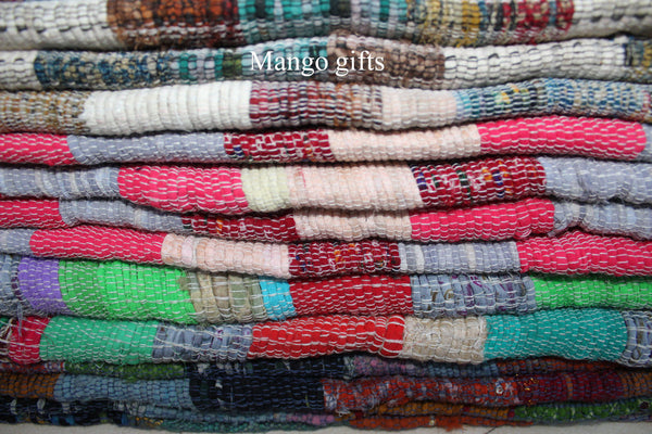 100% Recycled Fabric Rag Rug Chindi Durrie Area Rugs Hand Loomed Striped Floor Mat - Mangogiftsstore