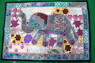 Indian Wall Hanging Embroidered Elephant Tapestry Blue Decor