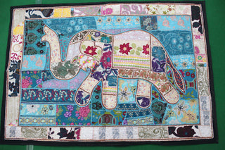 Indian Wall Hanging Embroidered Elephant Tapestry Blue White Decor