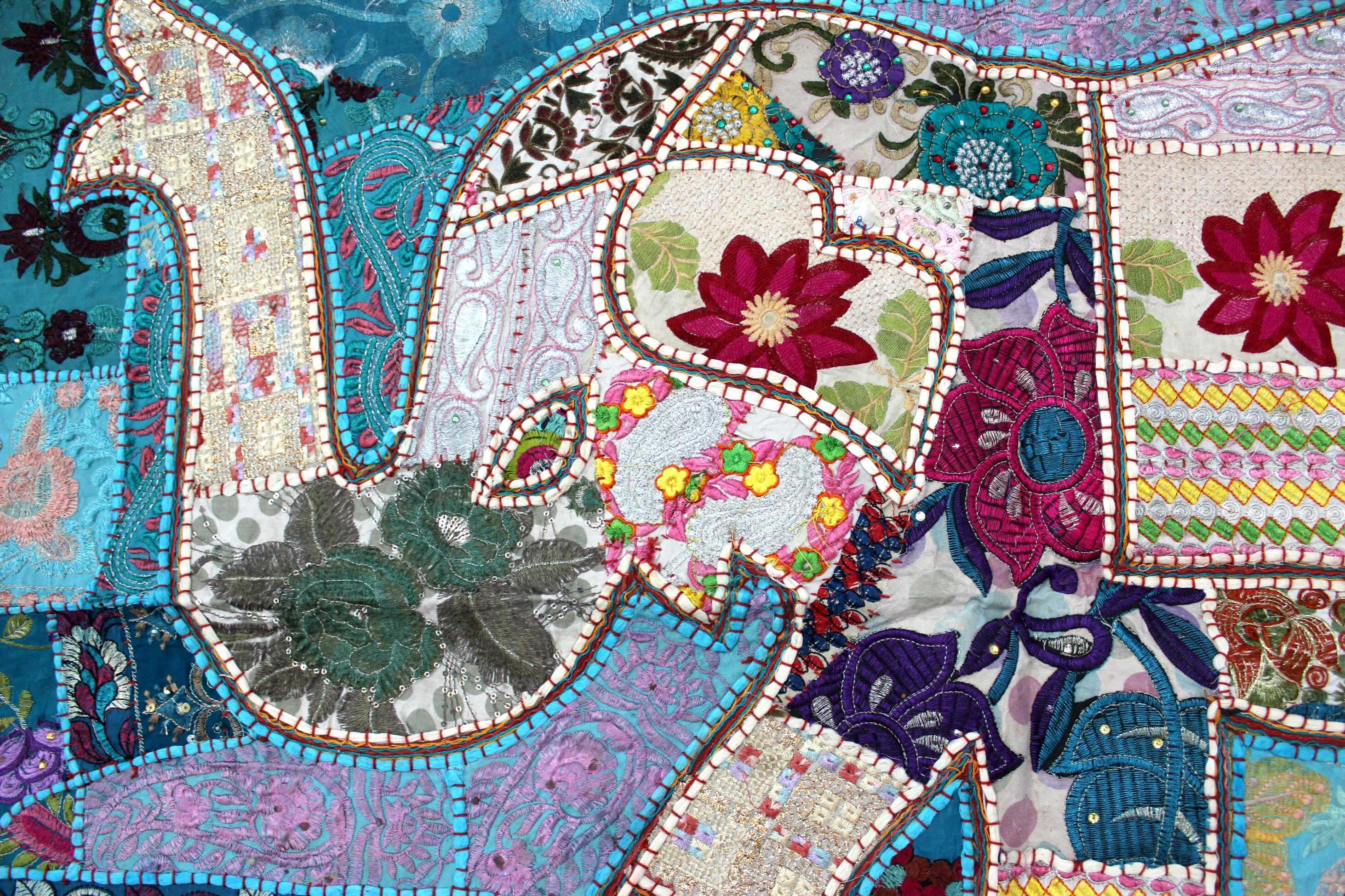 Indian Wall Hanging Embroidered Elephant Tapestry Blue White Decor