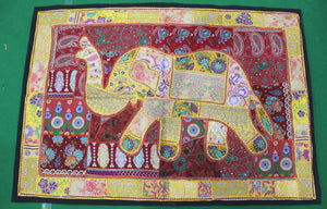 Indian Wall Hanging Embroidered Elephant Tapestry Yellow