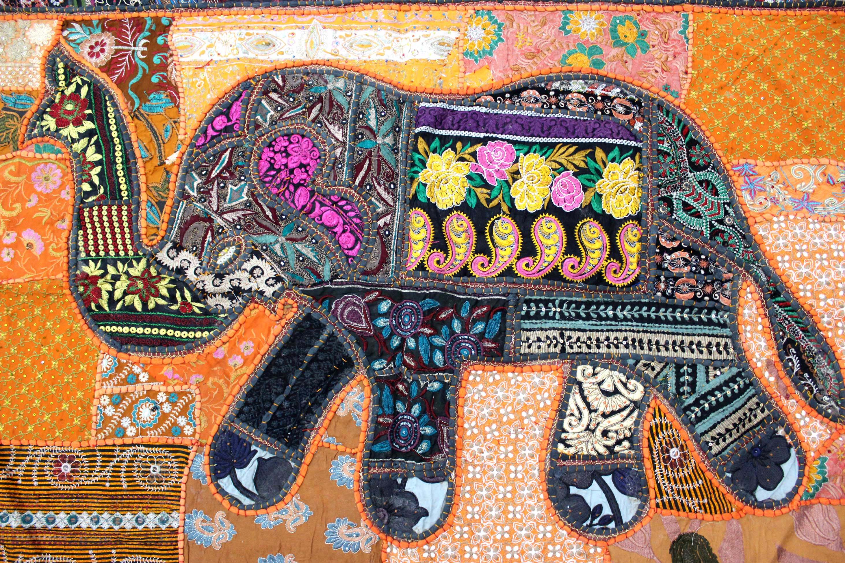 Indian Wall Hanging Embroidered Elephant Tapestry Orange Black Decor