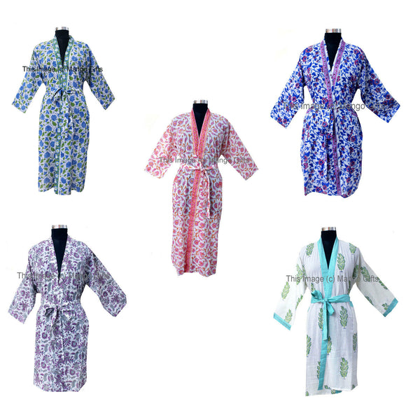 Hand Block Print 100%Cotton Kimono Bathrobe Women Floral Dress Wholesale Lot - Mangogiftsstore