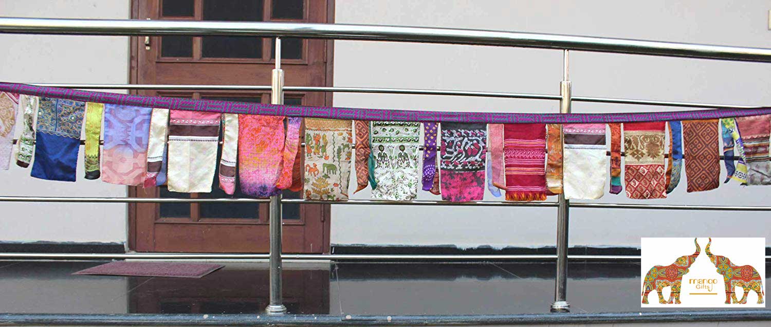 Mango Gifts Handmade Multicolour Indian Vintage Recycled Sari Saree Large Flag Bunting Garlands for Party Garden Outhouse and Patio Decoration