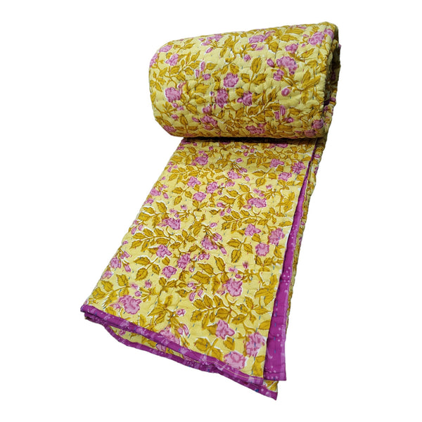 Reversible Katha Cotton Quilt 60 x 90 Inches Floral Hand Quilted Jaipur Razai Premium Quality