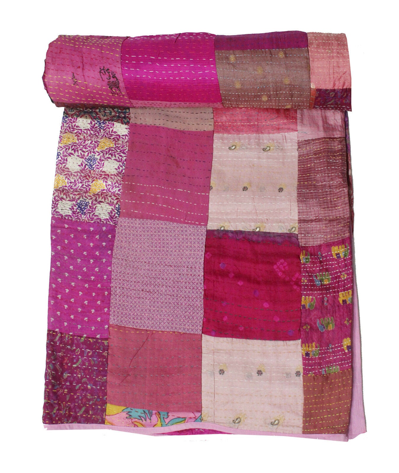 Vintage Indian Silk Sari Kantha Patchwork Quilt Gudri Bedspread Ralli Bed cover - Mangogiftsstore