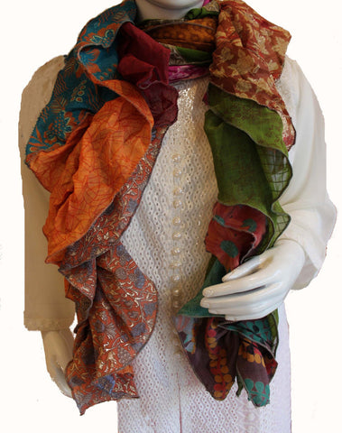 Women Vintage Silk Sari Saree Recycled Scarves Stoles Patchwork Ruffle scarf - Mangogiftsstore