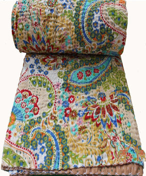 Mango Gifts Paisley 100%Cotton Kantha Bedcover Indian Bedspread Queen Size - Mangogiftsstore