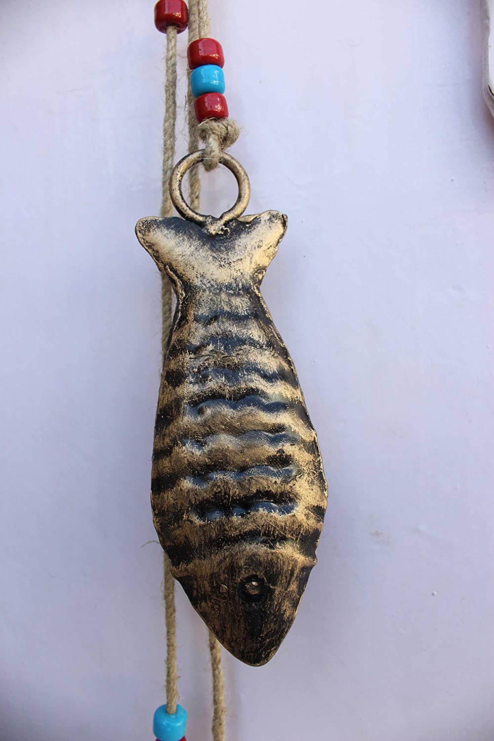 Recycled Iron Fish Bells Hanging String Bronze Color 78 cm Length Antique Finish - Mangogiftsstore