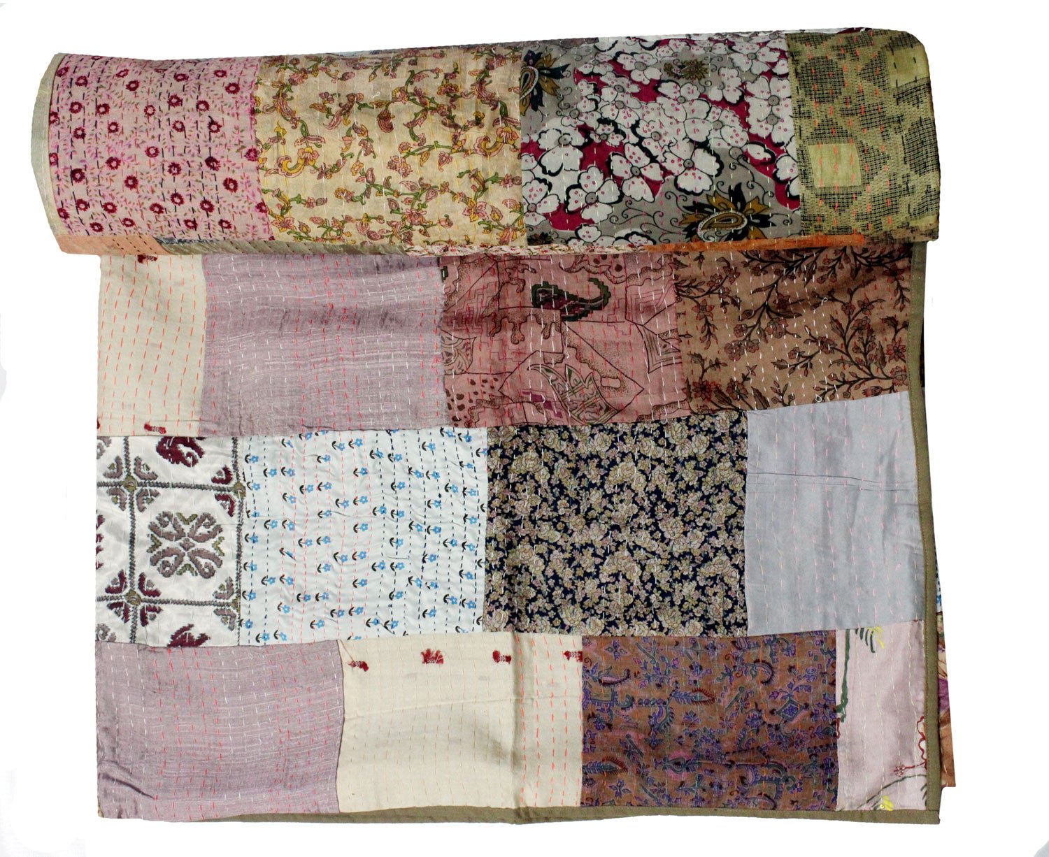 Traditional Indian Silk Sari Kantha Bedspread Bed Cover Rali Wholesale Lot 5 Pcs - Mangogiftsstore