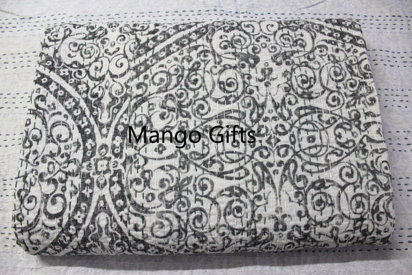 Handmade Grey Kantha Quilt Cotton Indian Bedspread Floral Throw Blanket Lot 5 Pc - Mangogiftsstore