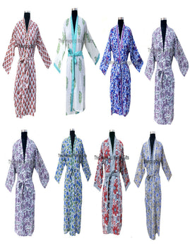 Hand Block Print 100%Cotton Kimono Bathrobe Women Floral Dress Wholesale Lot - Mangogiftsstore