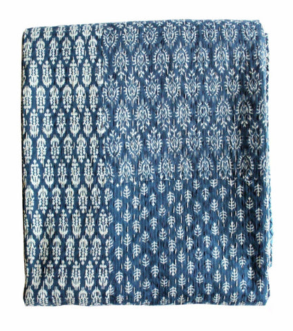 Mango Gifts Indigo Color Hand Block Printed Kantha Quilt Throw, Patchwork Cotton Bedspread Queen Size - Mangogiftsstore