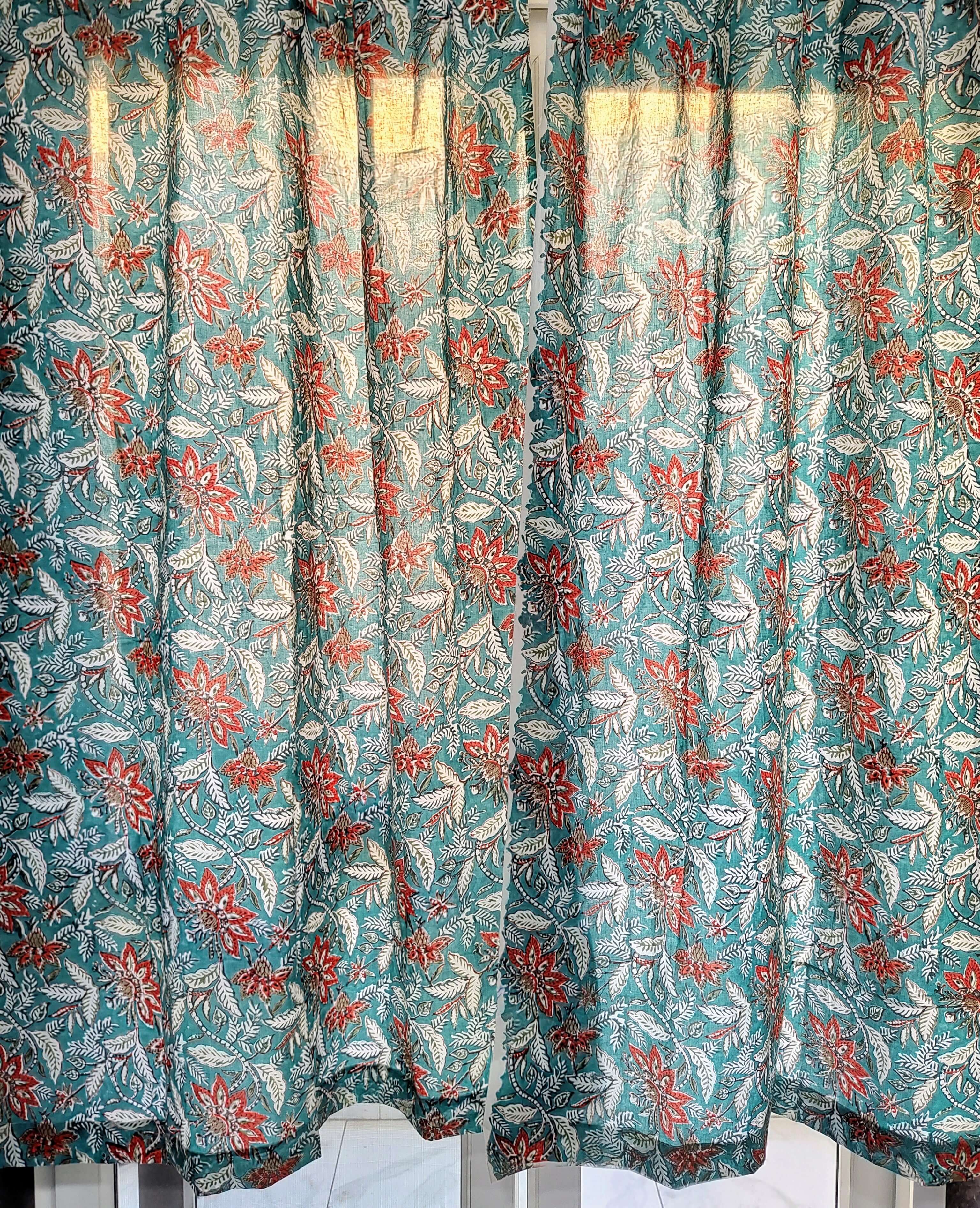 Hand-Block Print Cotton Floral Curtains - Bohemian Decor