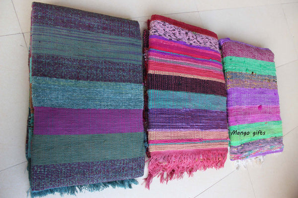 100% Recycled Fabric Rag Rug Chindi Durrie Area Rugs Hand Loomed Striped Floor Mat - Mangogiftsstore