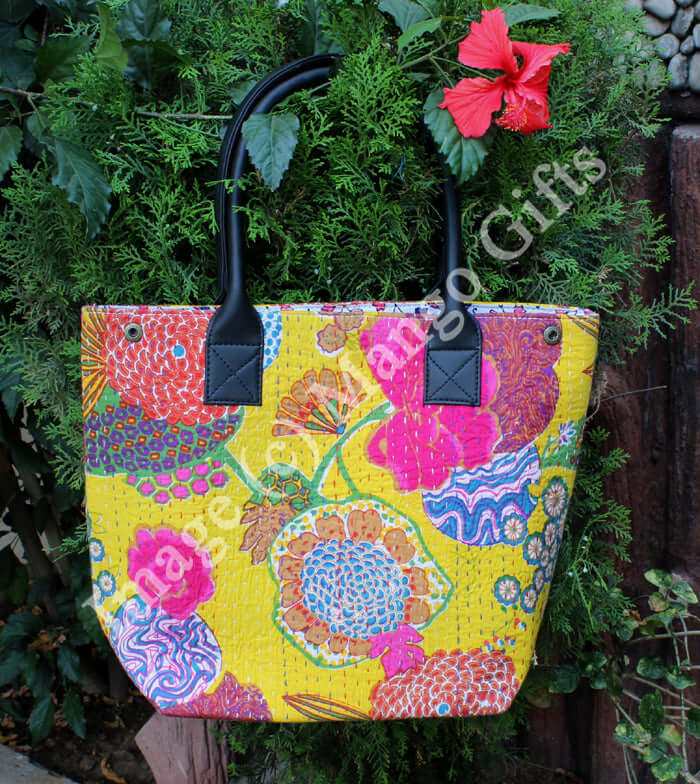 Kantha Yellow Tota/Tote Bag Hand Stitch Shopping Bag Handbags