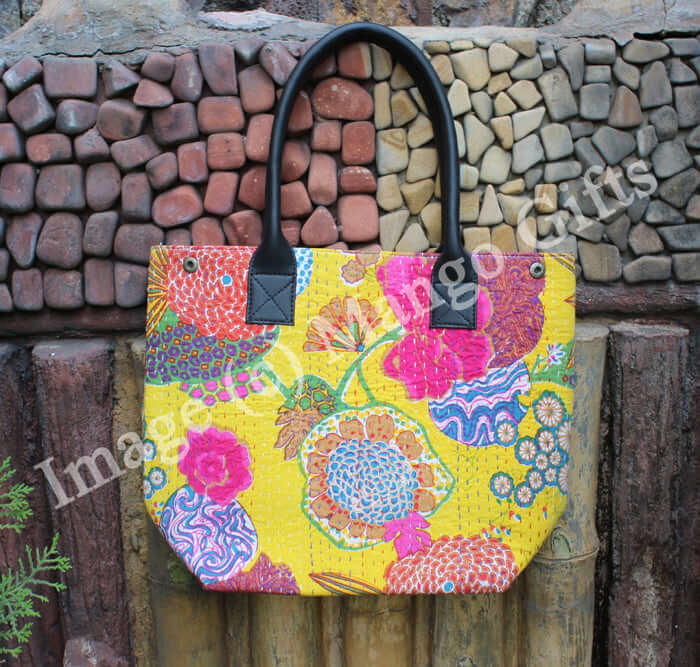 Kantha Yellow Tota/Tote Bag Hand Stitch Shopping Bag Handbags
