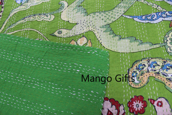 Bird Print Floral Kantha Quilt Bedspread Queen size 100%Cotton Indian Bedcover Ralli Throws Wholesale - Mangogiftsstore