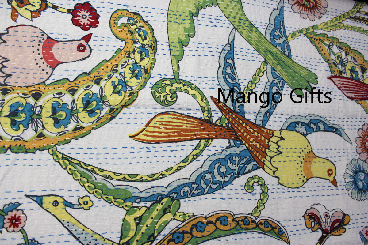 Bird Print Floral Kantha Quilt Bedspread Queen size 100%Cotton Indian Bedcover Ralli Throws Wholesale - Mangogiftsstore
