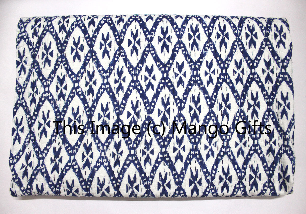 Hand Block Print Ikat Print Kantha 100%Cotton Queen Size Kantha Bedcover Blue - Mangogiftsstore