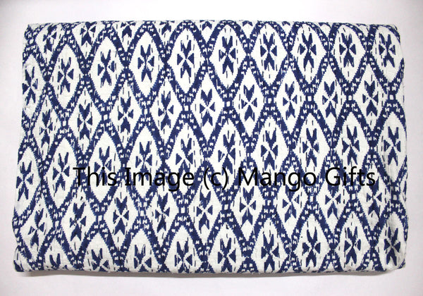 Hand Block Print Ikat Print Kantha 100%Cotton Queen Size Kantha Bedcover Blue - Mangogiftsstore