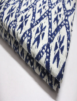 Hand Block Print Ikat Print Kantha 100%Cotton Queen Size Kantha Bedcover Blue - Mangogiftsstore